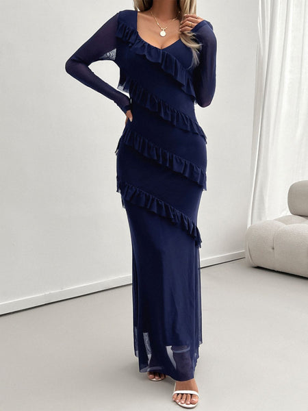 Ruffled Surplice Long Sleeve Maxi Dress