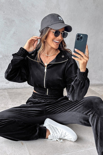 Zip Up Velour Cropped Top and Joggers Set