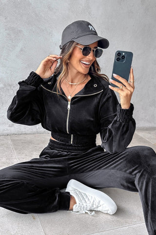 Zip Up Velour Cropped Top and Joggers Set