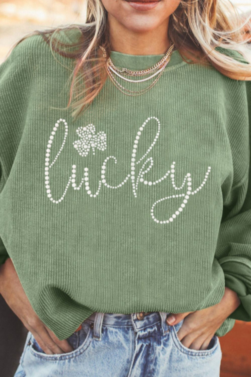 Lucky Rhinestone Round Neck Sweatshirt