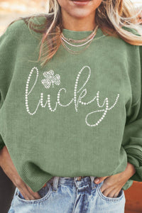 Lucky Rhinestone Round Neck Sweatshirt