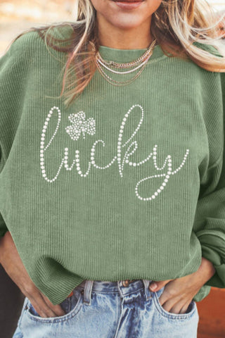Lucky Rhinestone Round Neck Sweatshirt