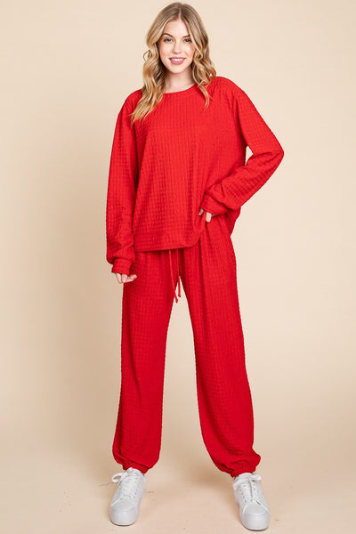 Red Crinkle Check Round Neck Top and Pants Lounge Set