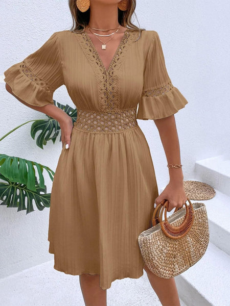 V-Neck Flounce Sleeve Dress