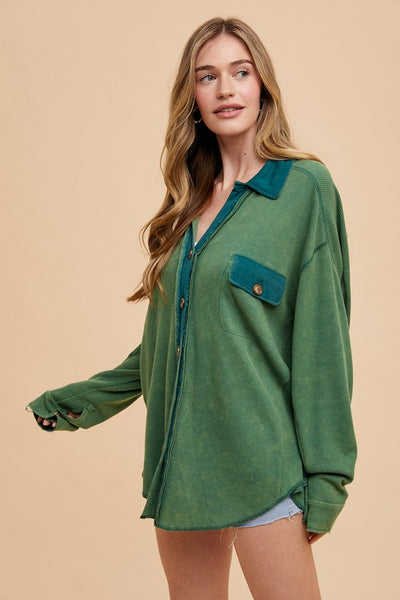 Green Waffle-Knit Mineral Washed Button Down Shirt