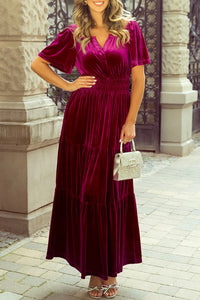 Velvet Short Sleeve Dress with Pockets