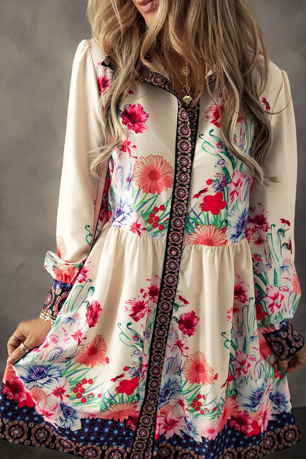 Floral Button Down Lantern Sleeve Dress