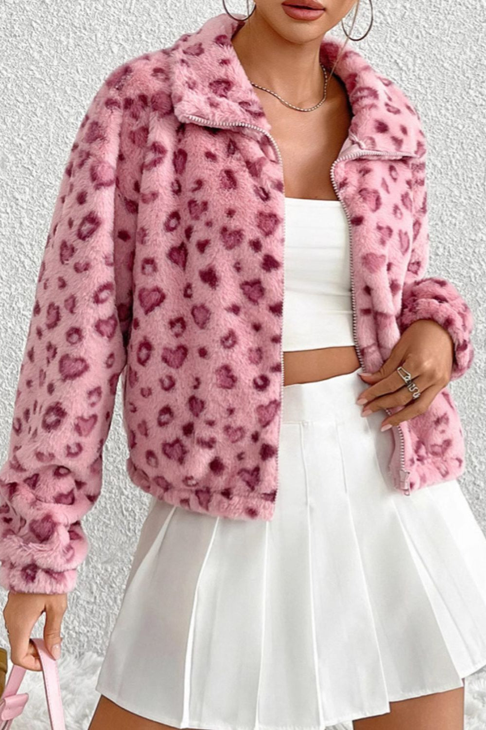Leopard Zip Up Long Sleeve Furry Jacket