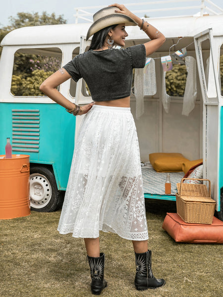White Lace Embroidered Midi Skirt