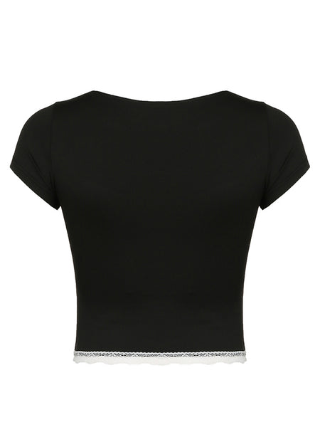 Lace Detail Sweetheart Neck Short Sleeve T-Shirt