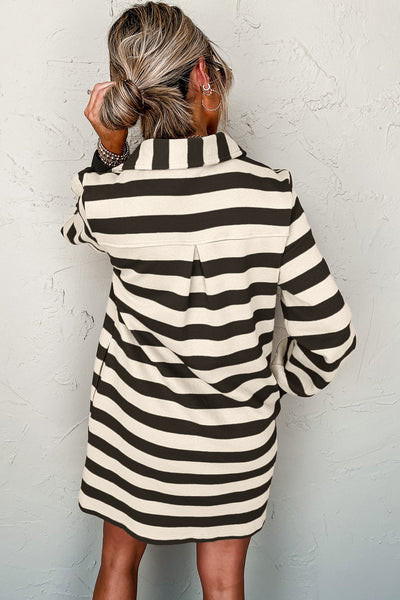 Striped Johnny Collar Long Sleeve Dress