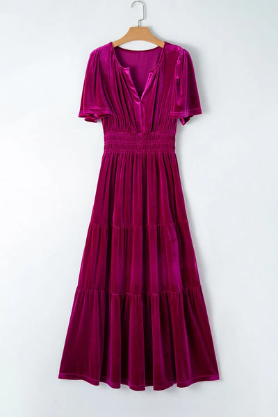 Velvet Short Sleeve Dress with Pockets