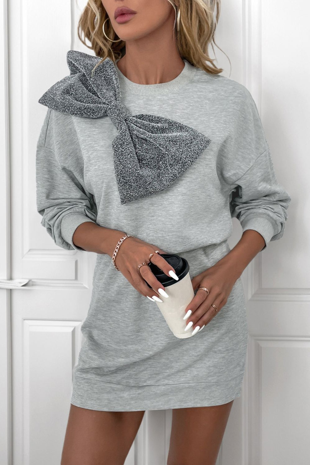 Gray Bow Shoulder Long Sleeve Mini Dress