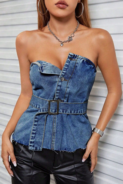 Buttoned Raw Hem Tube Denim Top