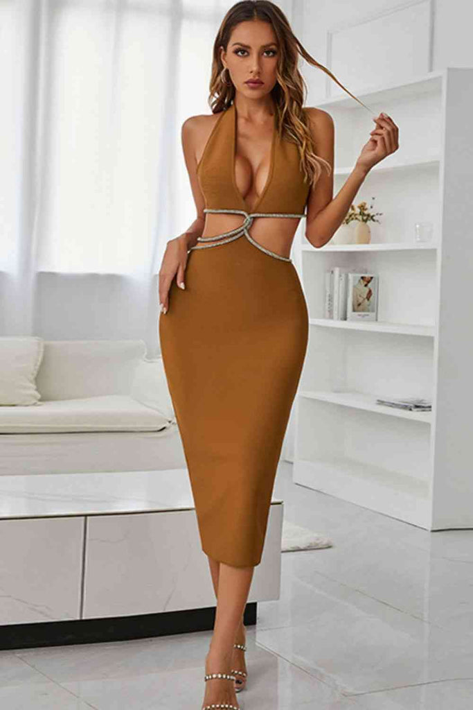 Rhinestone Halter Neck Cutout Slit Midi Dress Miss to Mrs Boutique Rhinestone Halter Neck Cutout Slit Midi Dress Miss to Mrs Boutique