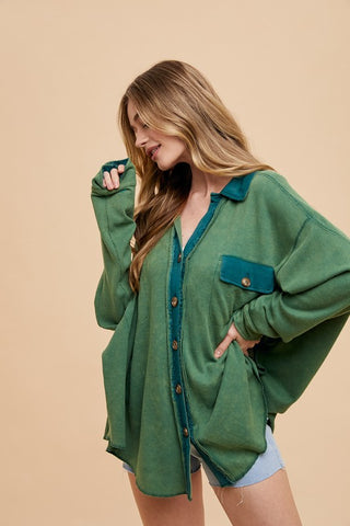 Green Waffle-Knit Mineral Washed Button Down Shirt