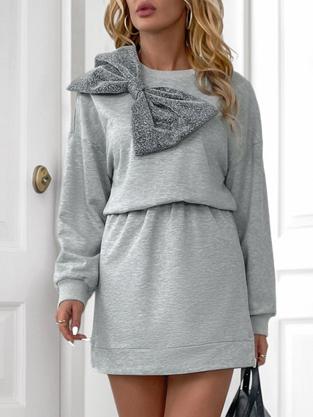 Gray Bow Shoulder Long Sleeve Mini Dress