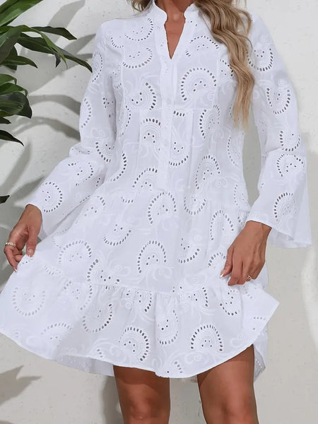 White Eyelet Notched Neck Long Sleeve Dress