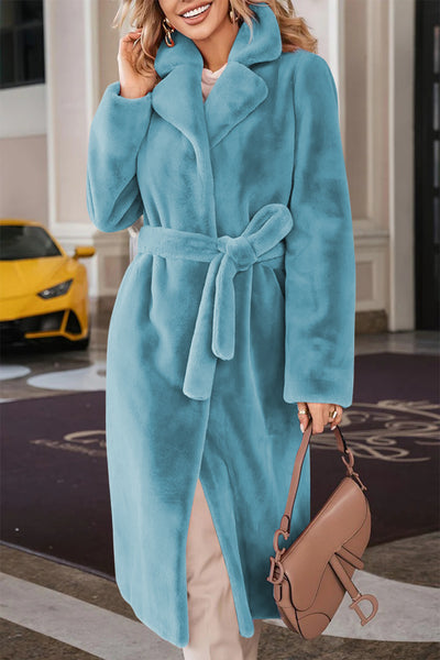 Faux Fur Tie Waist Mid-Length Coat