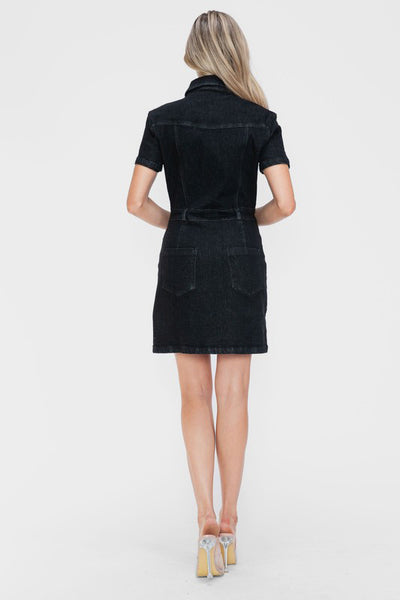 Fringed Short Sleeve Black Denim Dress