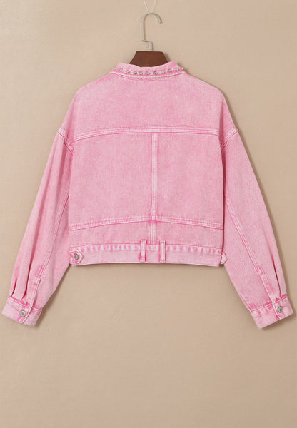 Pink Studded Button Up Denim Jacket