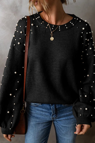 Pearl Detail Round Neck Long Sleeve Sweater