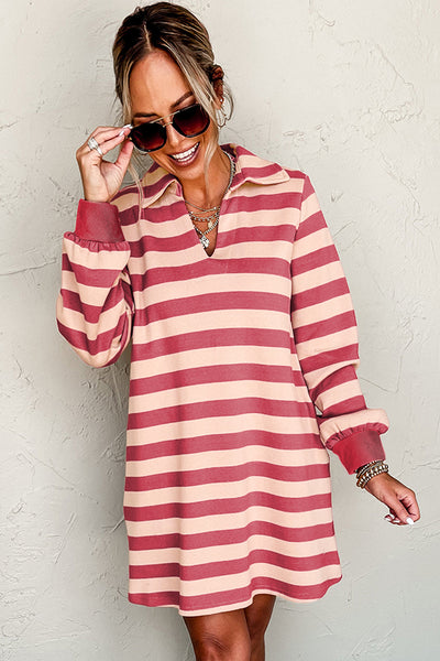 Striped Johnny Collar Long Sleeve Dress