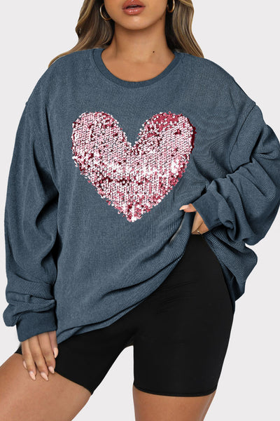 Sequin Heart Round Neck Sweatshirt+