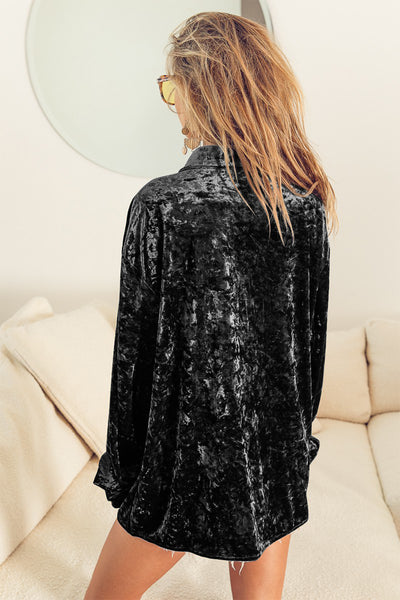 Black Velvet Button Up Long Sleeve Shirt
