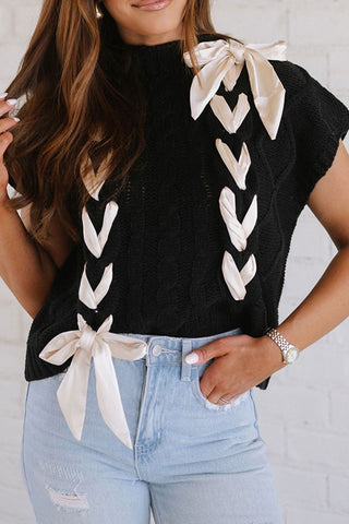 Black Lace-Up Mock Neck Short Sleeve Sweater