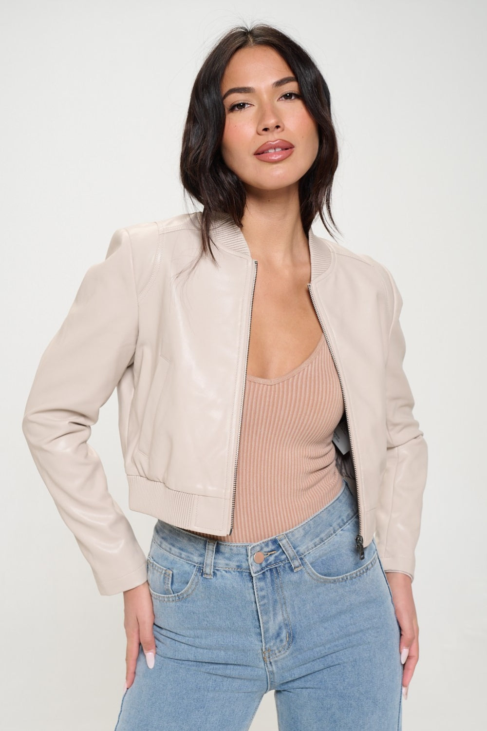 Cream Cropped Bomber Jacket