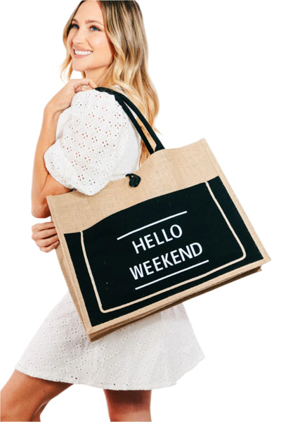 Hello Weekend Burlap Tote Bag