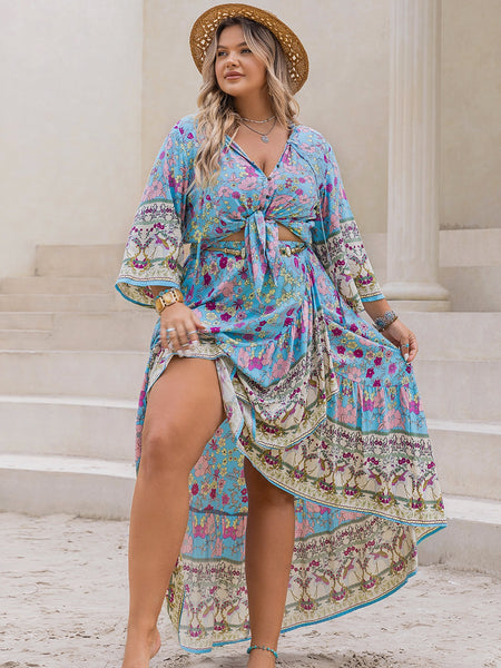 Light Blue Floral Tied Top and Skirt Set