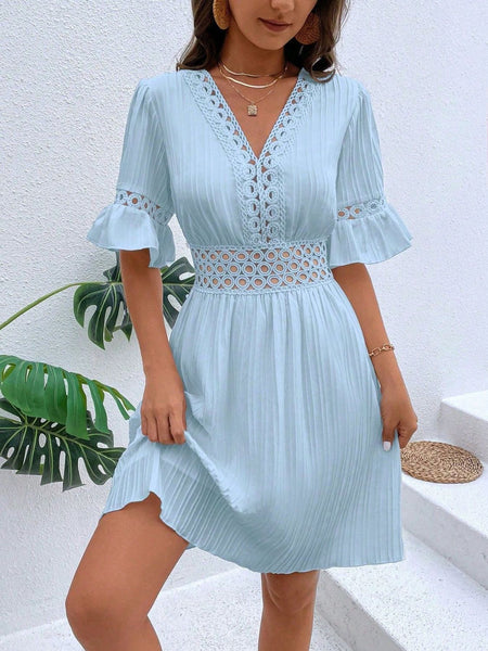 V-Neck Flounce Sleeve Dress