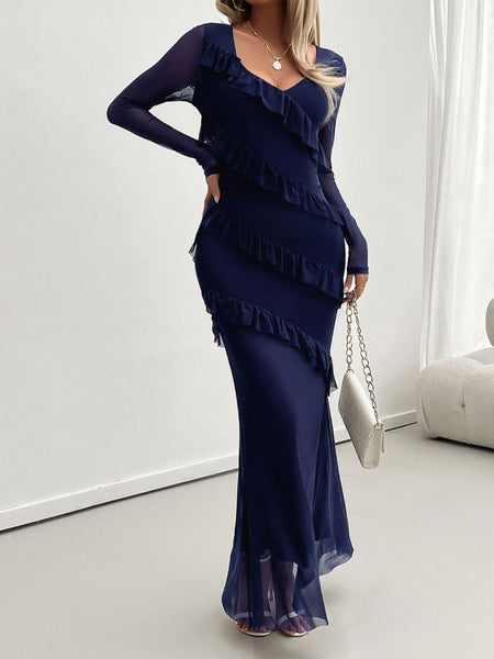 Ruffled Surplice Long Sleeve Maxi Dress