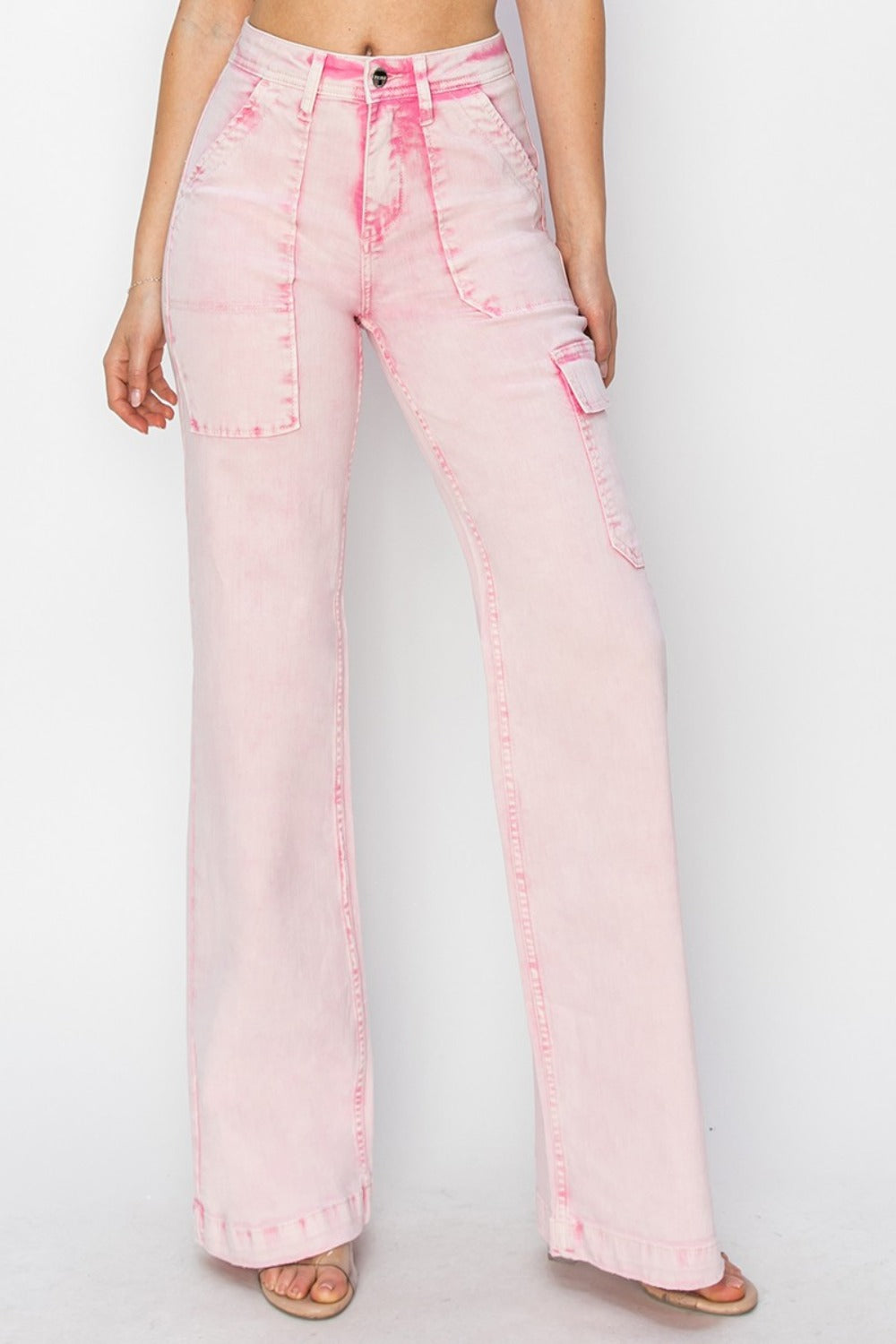 RISEN High Rise Cargo Pocket Jeans in Acid Pink