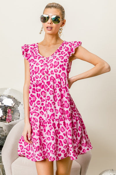 Pink Leopard Cap Sleeve Tiered Mini Dress