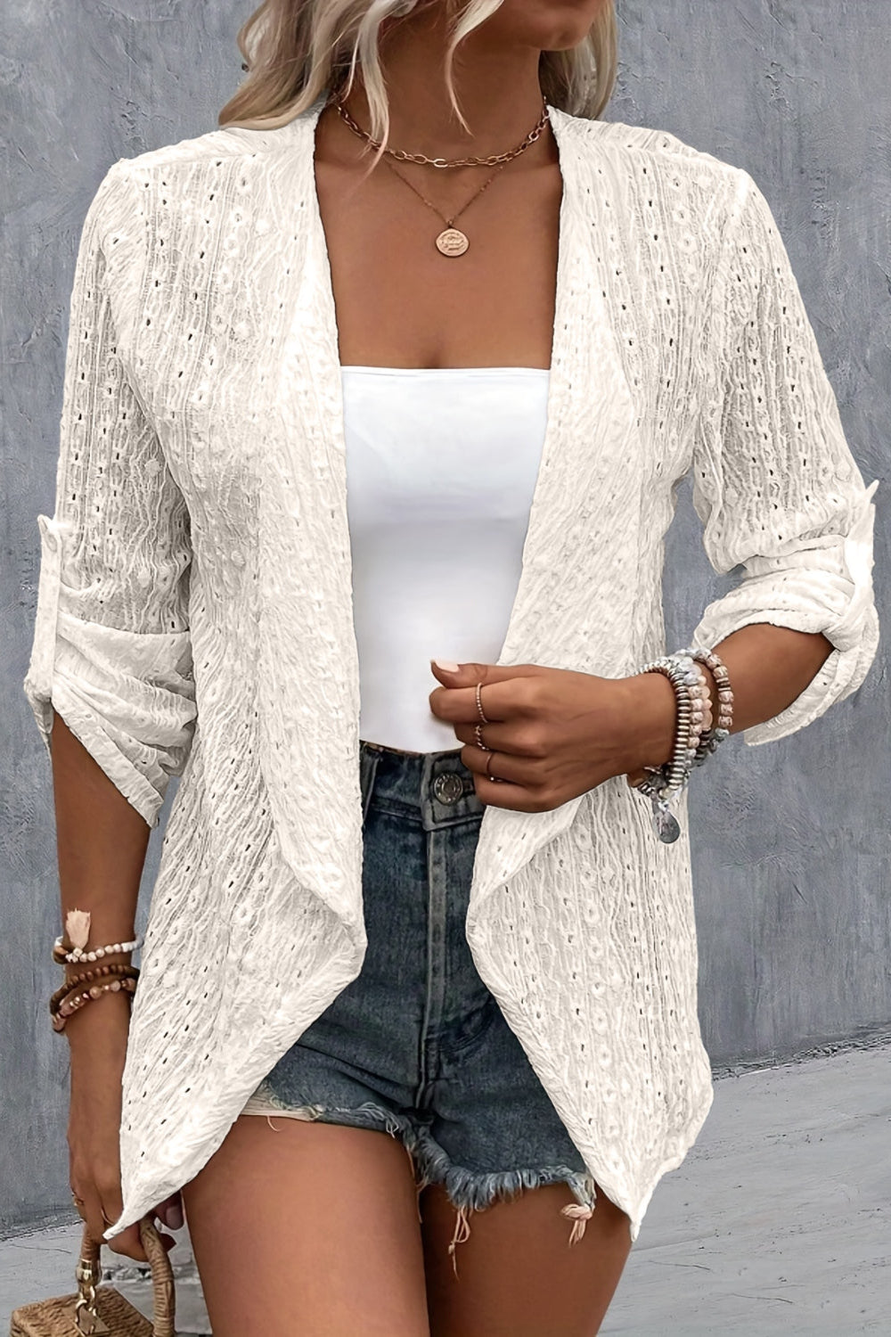 Eyelet Roll-Tab Sleeve Cardigan