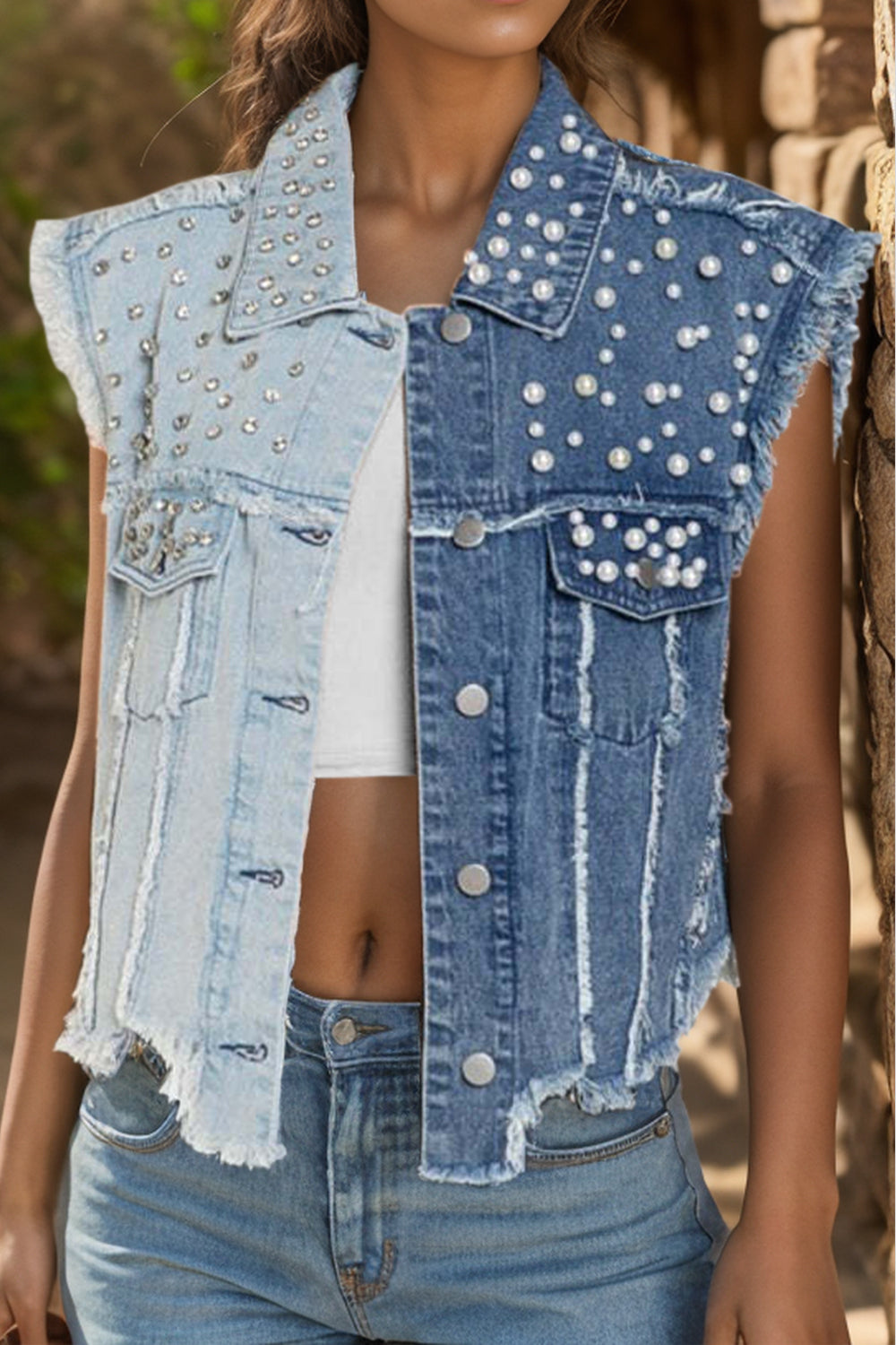 Two-Tone Pearl Denim Vest
