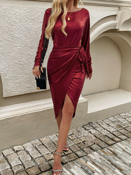 Metallic Boat Neck Long Sleeve Dress
