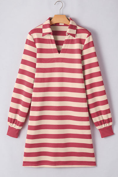 Striped Johnny Collar Long Sleeve Dress
