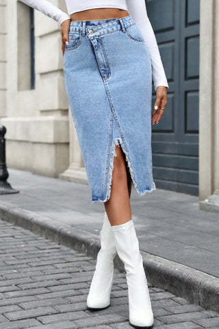Light Wash Raw Hem Slit Midi Denim Skirt
