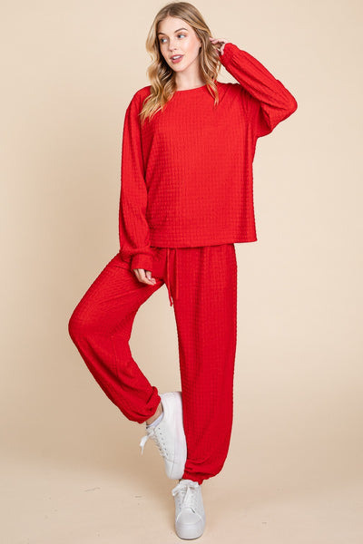 Red Crinkle Check Round Neck Top and Pants Lounge Set
