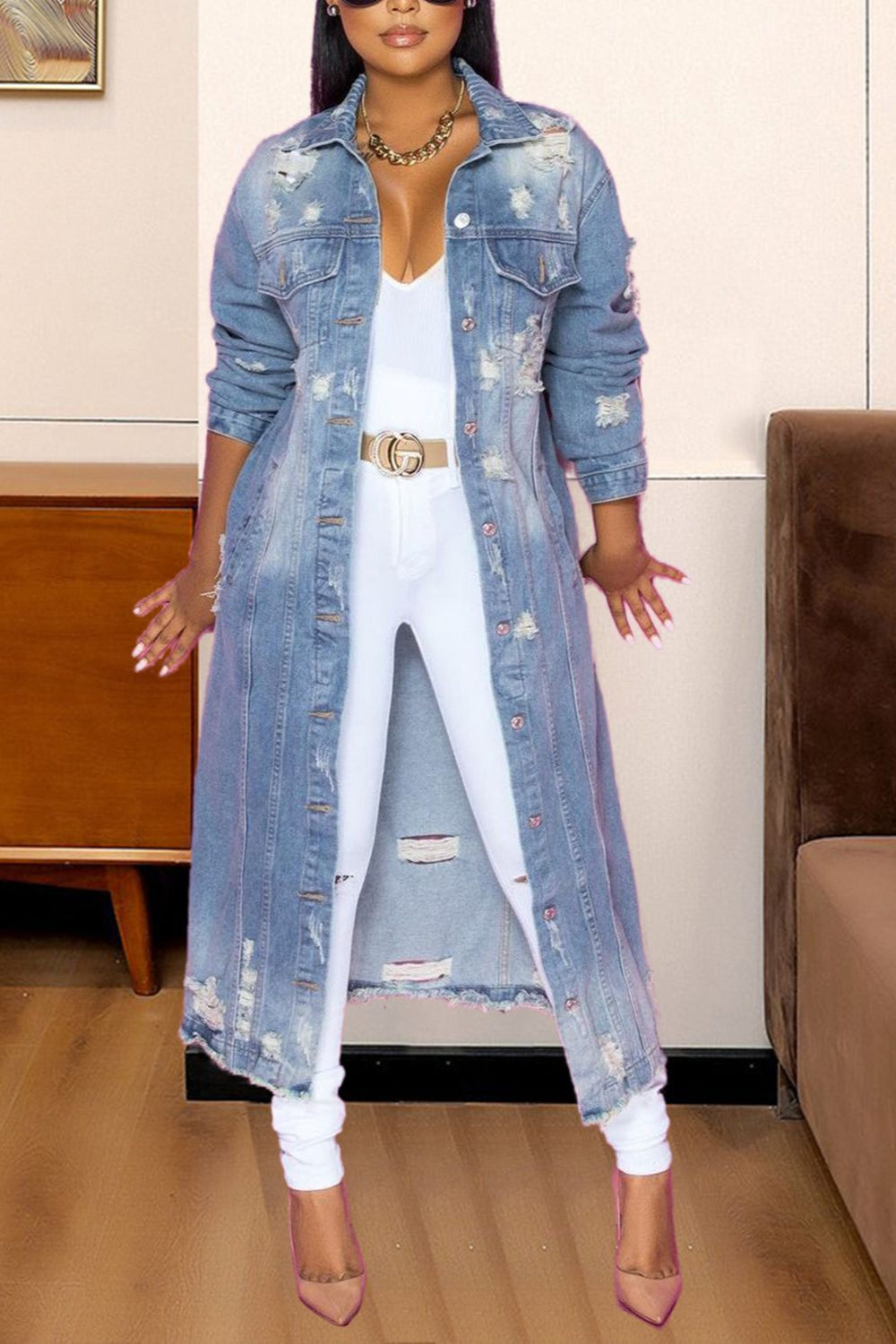 Raw Hem Long Length Denim Jacket