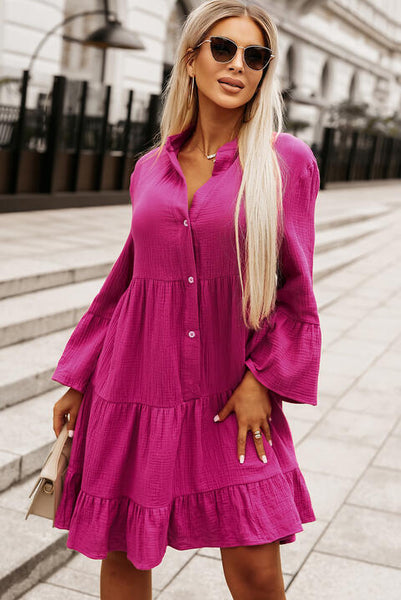 Deep Rose Button Down Tiered Dress