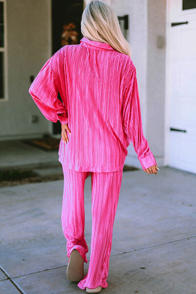 Hot Pink Pleated Button-Up Shirt and Wide-Leg Pants Set