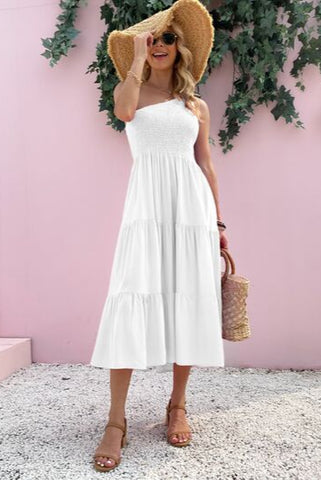 Smocked Single Shoulder Sleeveless Dress